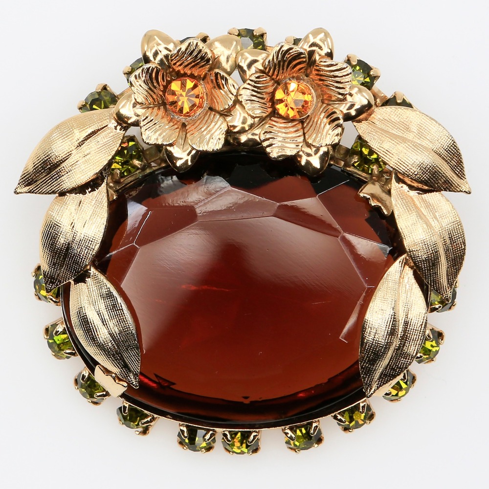Vintage Large Brown Glass Rhinestone Autumn Fall Colors Flower Brooch 1950s